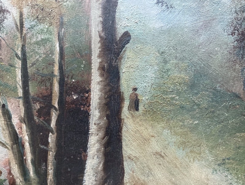 Antique Landscape Painting on 14”x19” Board Signed “V. A. Hilt” - Defects gallery