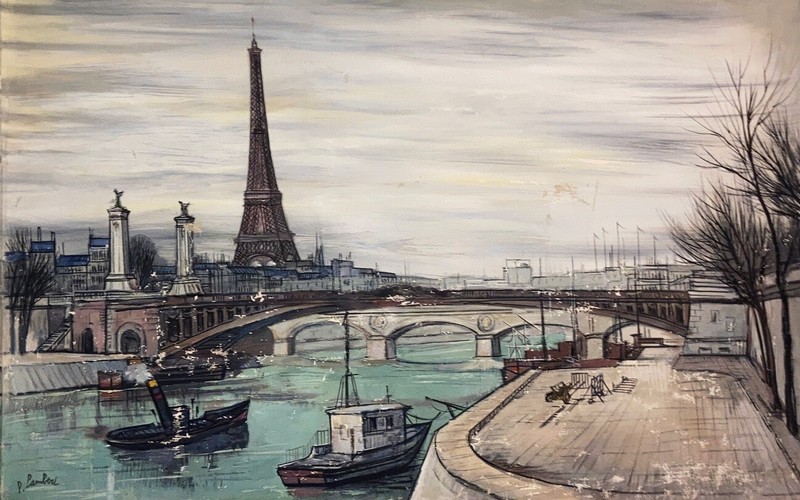 Paul Lambert French 1910-Paris Cityscape Eiffel Tower Scene Oil Canvas Painting