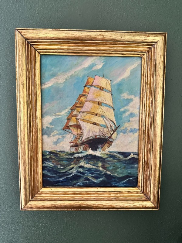 Framed Sailboat Seascape Oil Painting on Canvas Maritime Wall Art 16×12.5