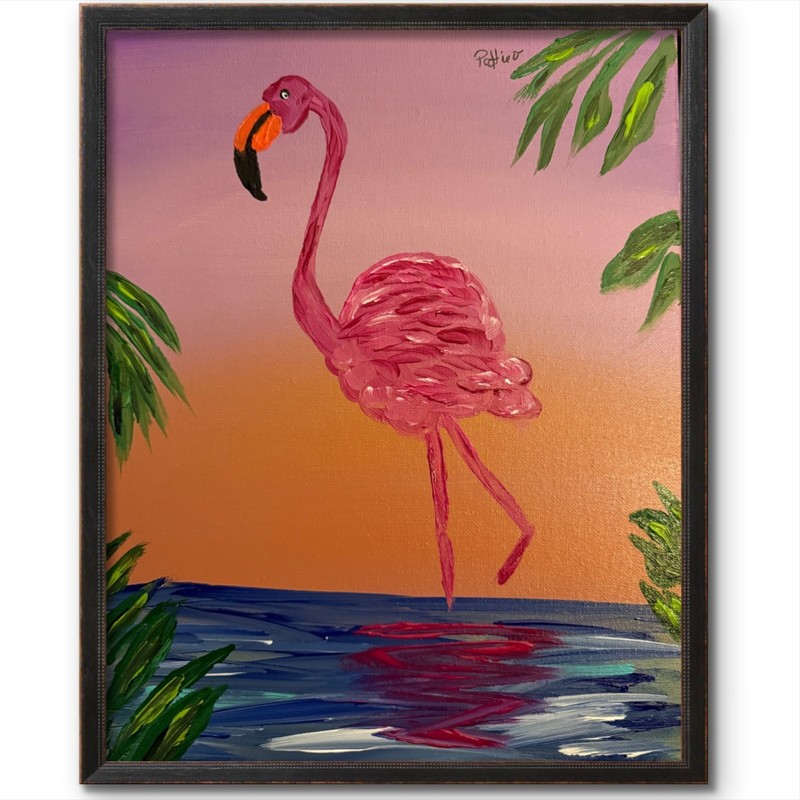 Sunset Strut Original Acrylic Painting 11×14 Flamingo Tropical Wall Art Signed