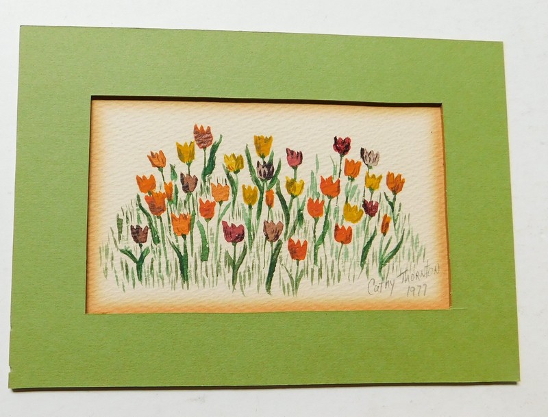 Lot of 2 Vintage 1977 Signed Cathy Thornton Watercolor Paintings Violets Tulips gallery