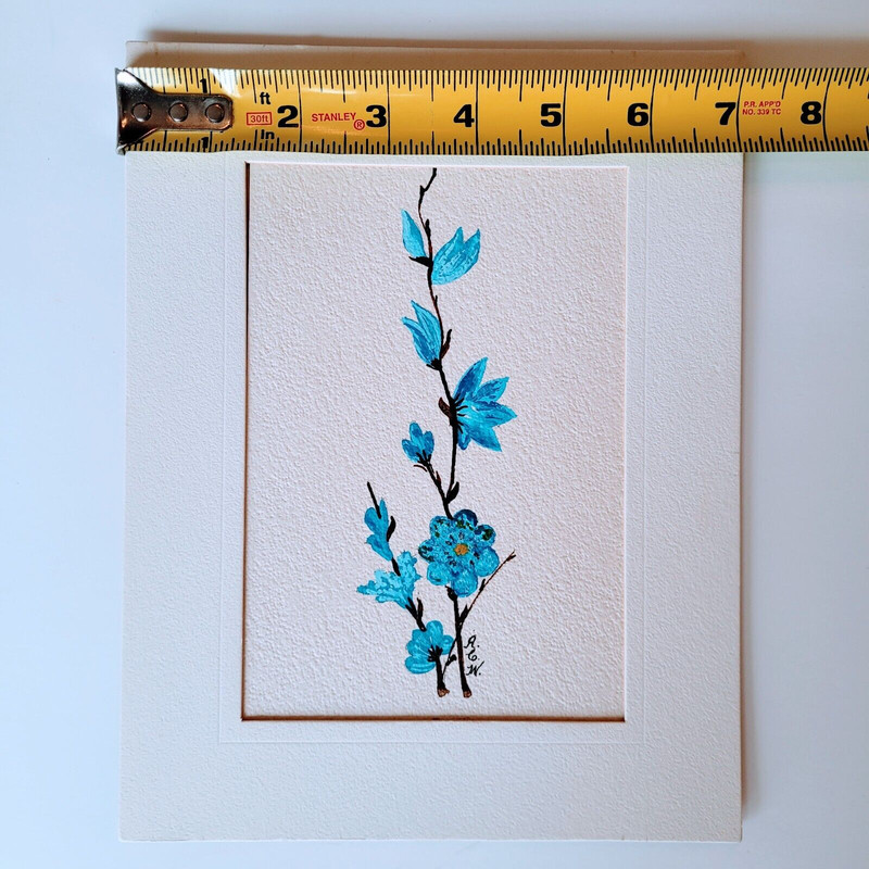 Two Flower Paintings Artist Signed Purple Iris Blue Branch Matted 7x9 Inches gallery