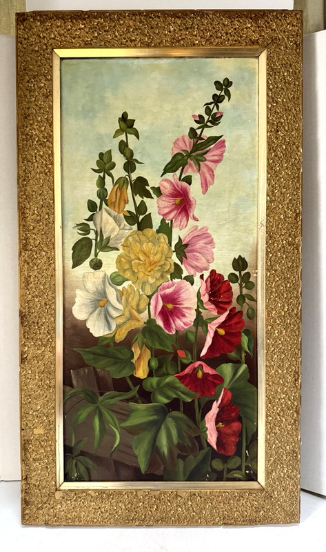 Vintage Original Flower Painting - Hollyhocks, Oil on Canvas, Unsigned, Framed gallery