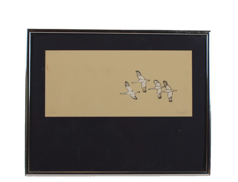 Vintage Flock Of Cranes Watercolor Painting On Paper Signed Ferraguto