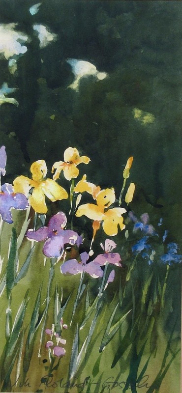 Jill Roland-Gosselin, Vintage French Watercolor Iris Flowers Garden, Signed