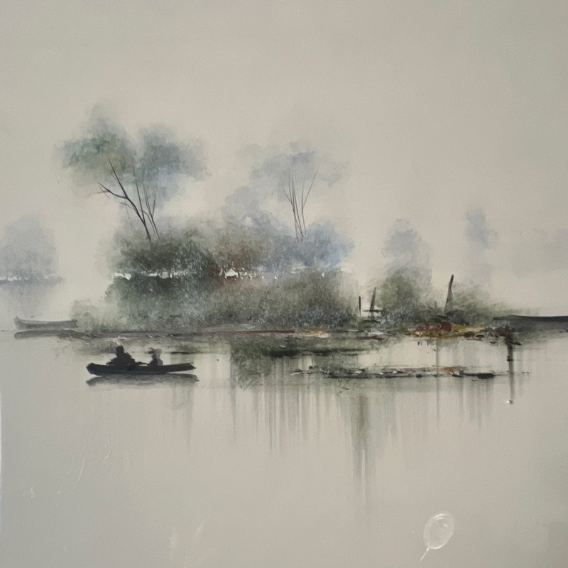 Lorry signed framed impressionist landscape painting river boat trees 24″×17″
