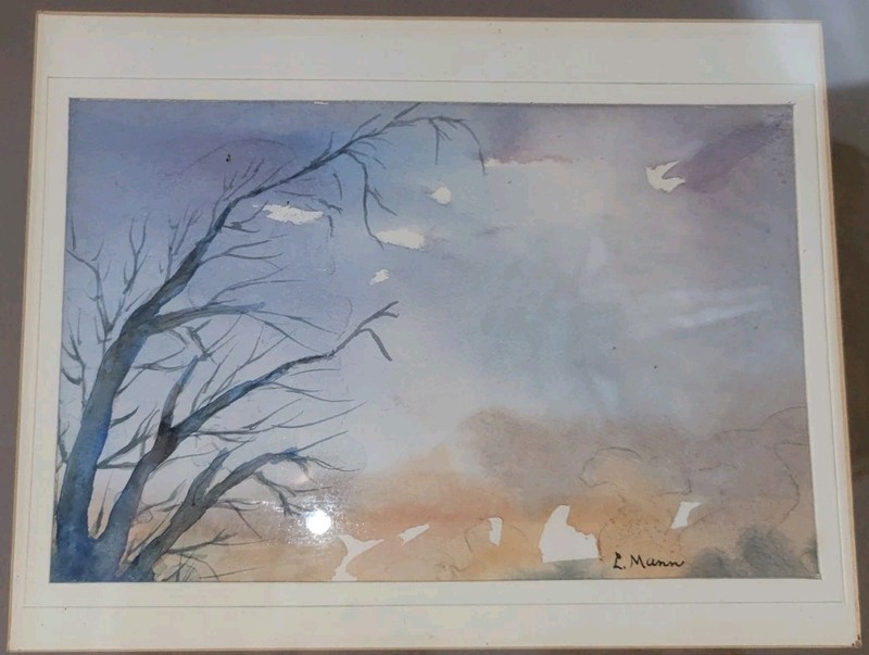 Original Vintage Watercolor Painting Stark Winter Scene L. Mann 11×14 Old Frame