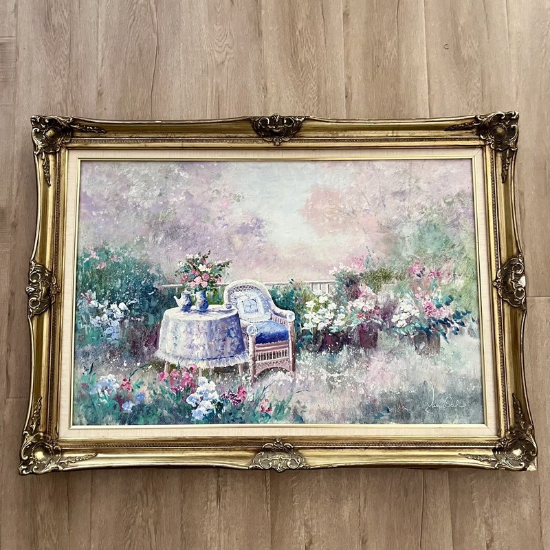 Large Fine Art Original Oil Painting Framed Signed By Jan Dapi 43”x31”, Garden