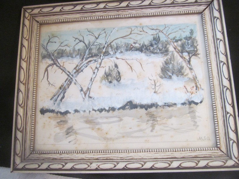 Winter Scene Framed Watercolor Picture~Snow on Creek Bank~Birch Trees 8×6.75