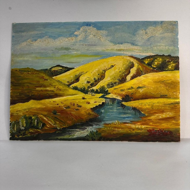 Vintage Original Landscape Painting Rolling Hills River Stream Canvas Board Art