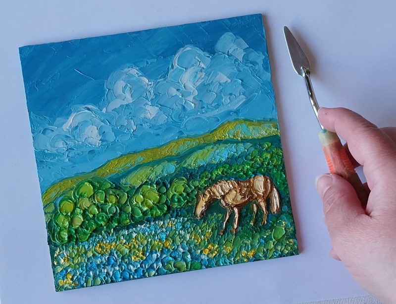 Framed Grazing Horse Texas Flowers Meadow Art 6x6 Impasto Oil Painting Original gallery