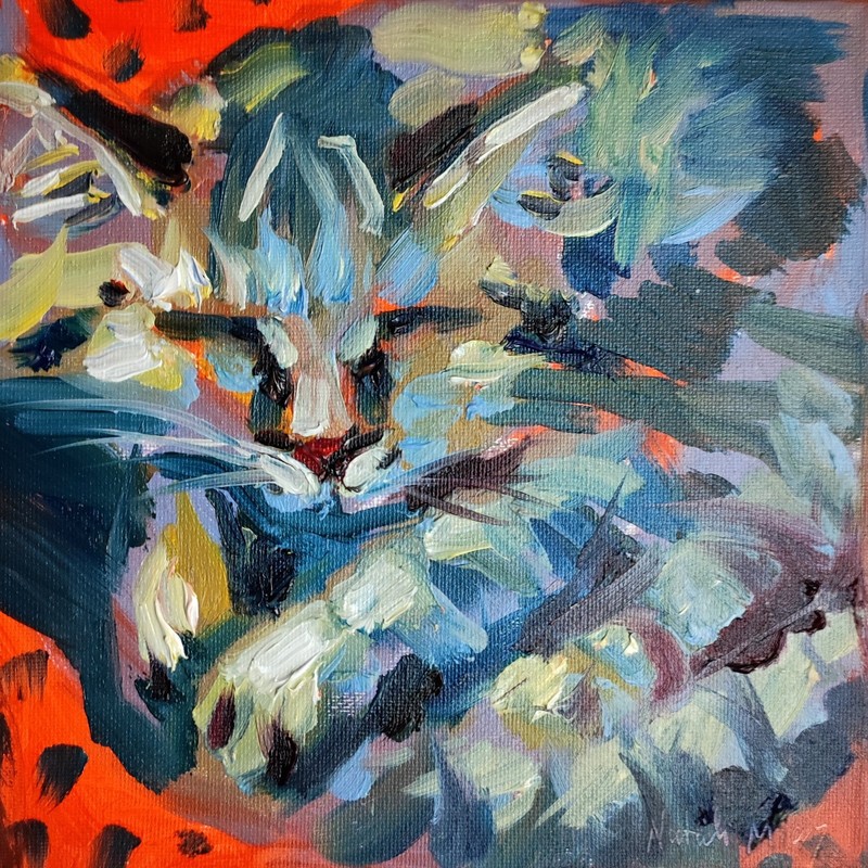 Sleeping Cat Oil Painting, 8×8 Original Artwork, Cozy Feline Wall Art, Tabby Cat