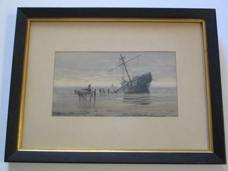 FINEST CHARLES HARRISON PAINTING ANTIQUE 1880’S NIGHT SUNSET COAST BEACH SHIP