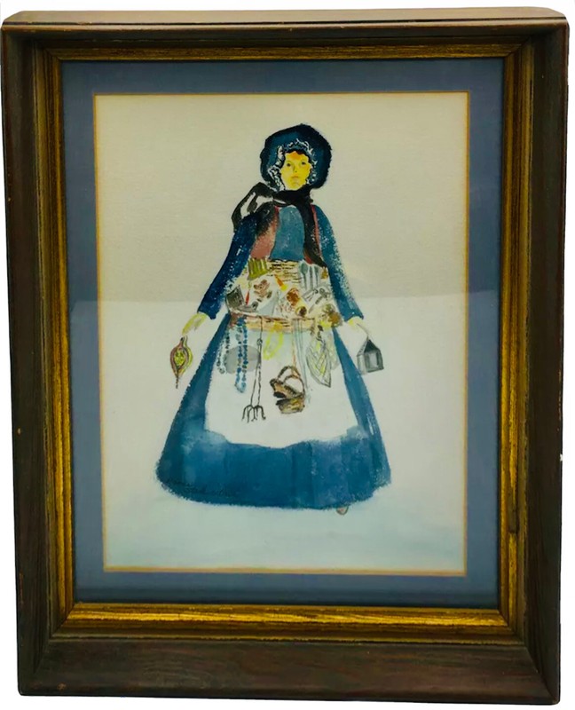 Watercolor Woman Holding a Lantern Signed Framed 13X15 Estate Find