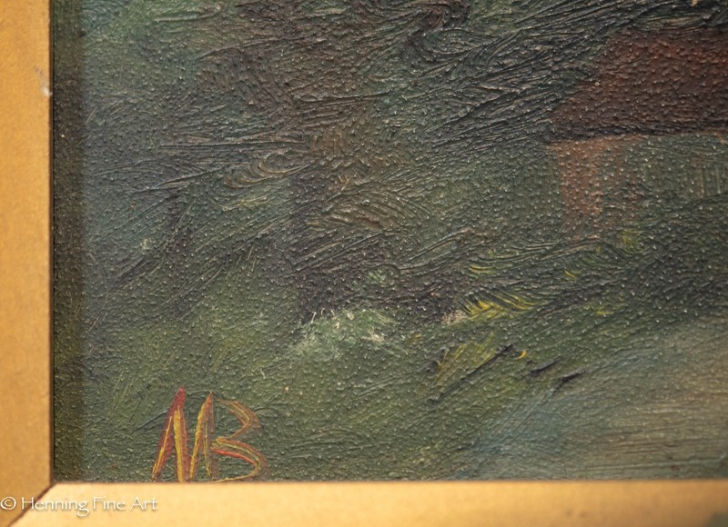 Antique Virginia Oil Painting Riverside Cottage Full Moon Signed "MB" 6.25x13.75 gallery