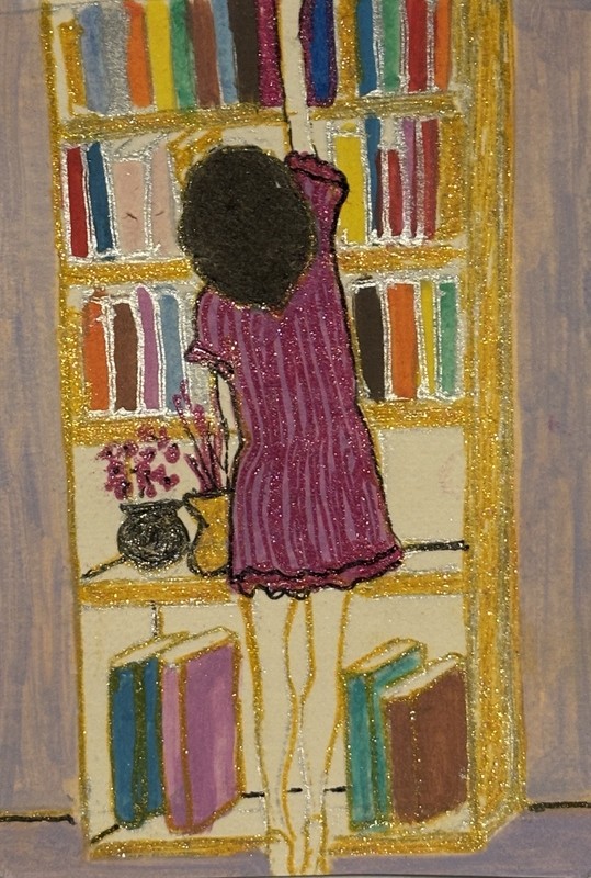 Book Lover Shimmer BookCase Original ACEO Glitter Portrait Acrylic Miniature Art