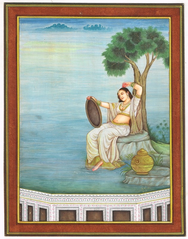 Painting Of Woman Sitting Under The Tree Looking Into The Mirror 10.5×13.5 Inch