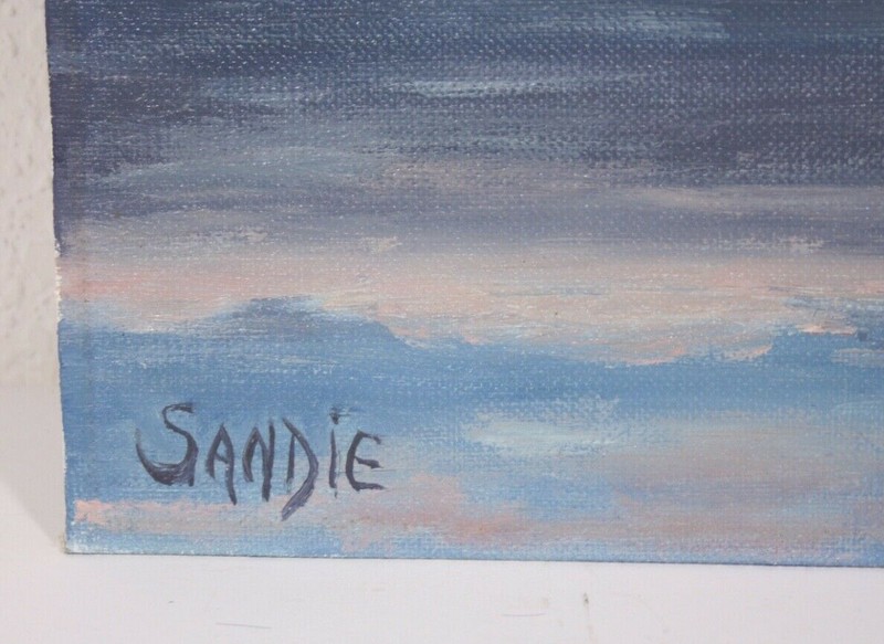 Winter Lake Cabin Houses Lake Reflecting Clouds 16x20 Oil Painting Sandie 1982 gallery