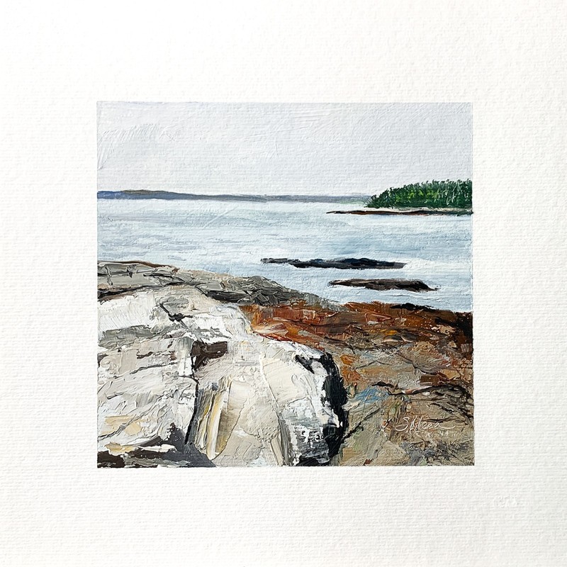 8×8 Maine Original Oil Painting Atlantic Ocean Rocks New England Coastal Signed