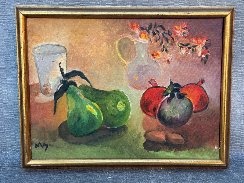 NAIVE FOLK ART OIL PAINTING SIGNED M.S. FRUITS POT & FLOWERS POMEGRANATE PEAR