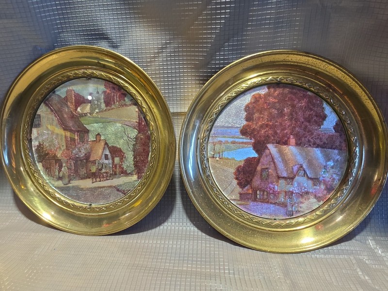 Vintage Art Deco Cottage Butterfly Wing Art Pair Reverse Painted Brass England