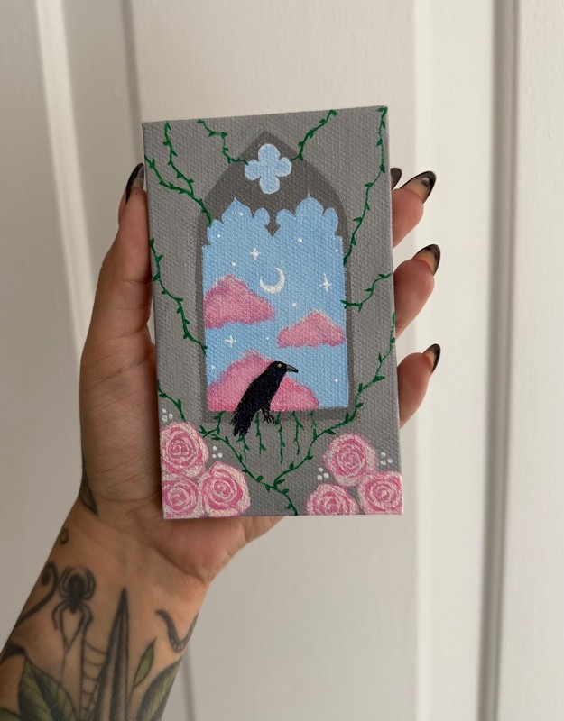 Original Acrylic Mini Painting, Fantasy Crow Floral Painting, 3x5inch Canvas