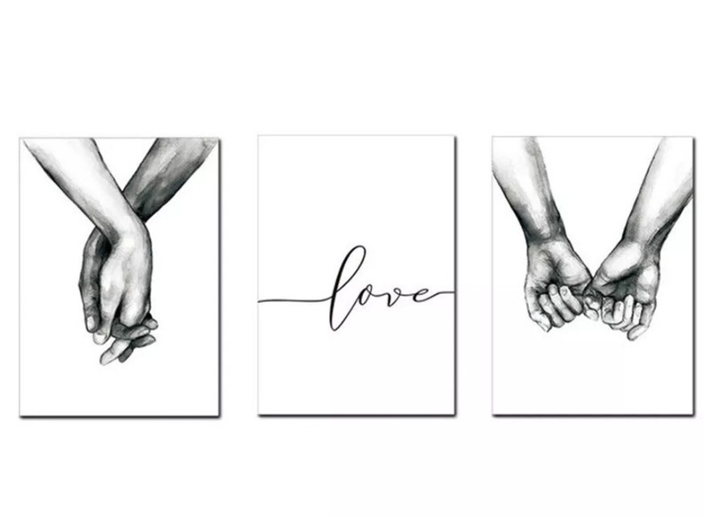 SET of 3 Black & White HAND IN HAND LOVE 17″x 12″ Wall Art Canvas Print Posters