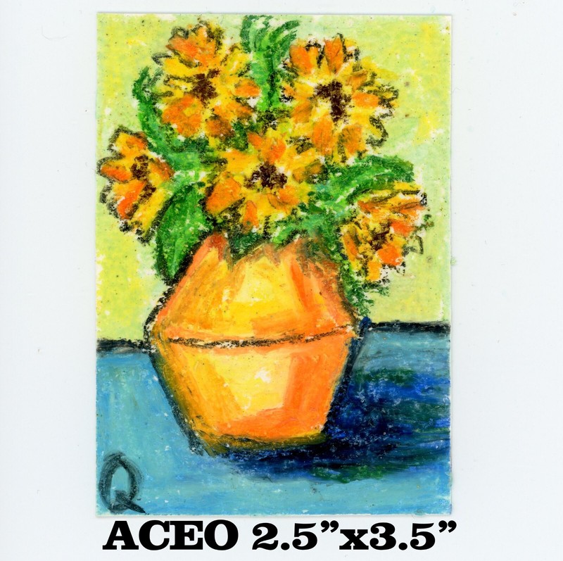 Original ACEO – Flowers in a vase – miniature oil pastel, acrylic painting