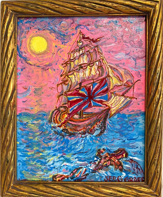 Serg Graff “Manifesto” Original Painting, Fantasy Ship Seascape, Nautical Art