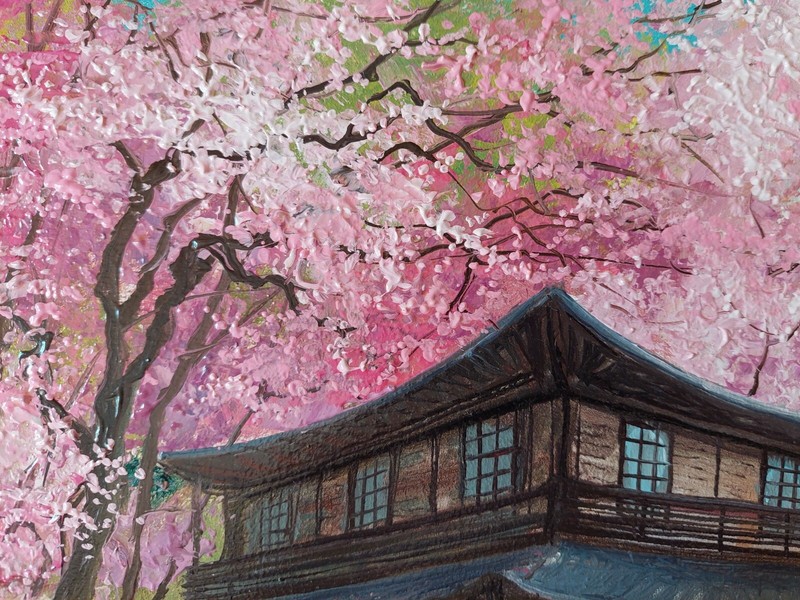 Japanese morning Cherry tree oil painting. Blossoming sakura art. Japan house gallery