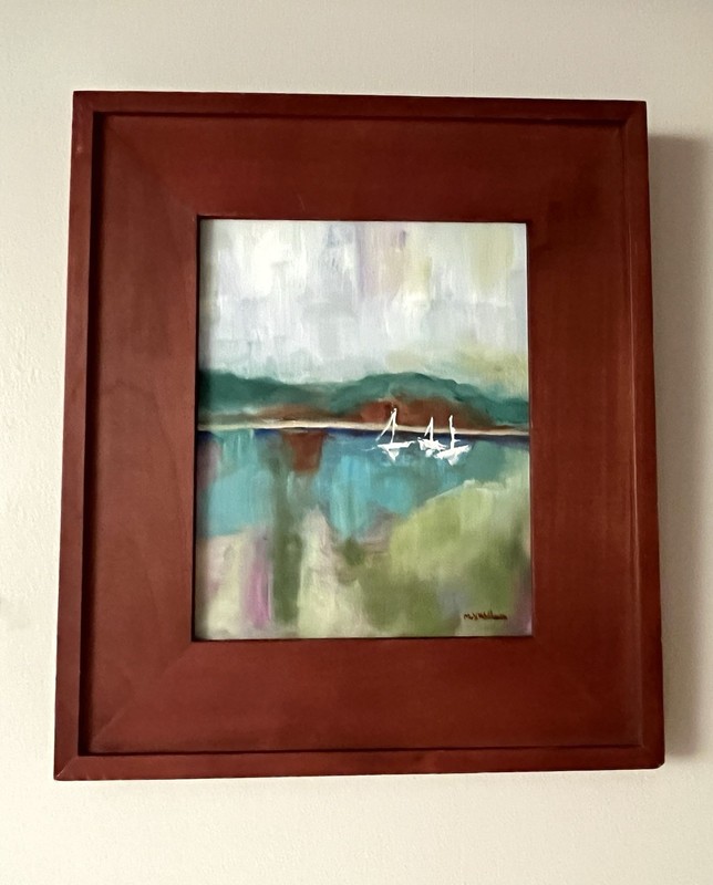 ORIGINAL Abstract Modern SIGNED Lakeshore/Seascape Sailboats FRAMED Aqua/Lime