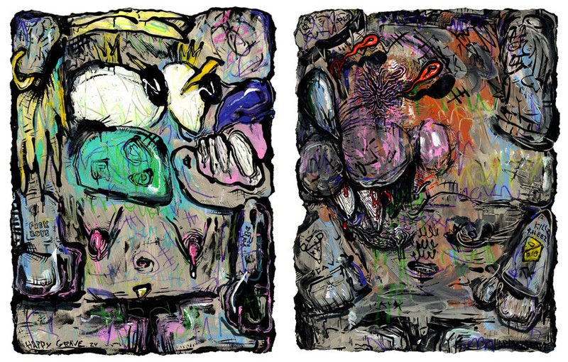 HAPPY GRAVE original 2 PAINTINGS art horror macabre contemporary : «RAT COUPLE»