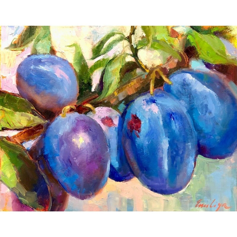 Original Plums Oil Painting on Canvas: Impressionist Kitchen Art (20×16)