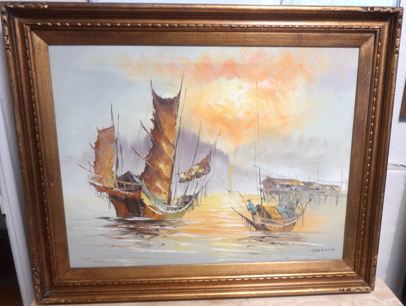 TOM WONG CHINESE FISHERMAN JUNK BOATS AT PORT ORIGINAL OIL ON CANVAS PAINTING
