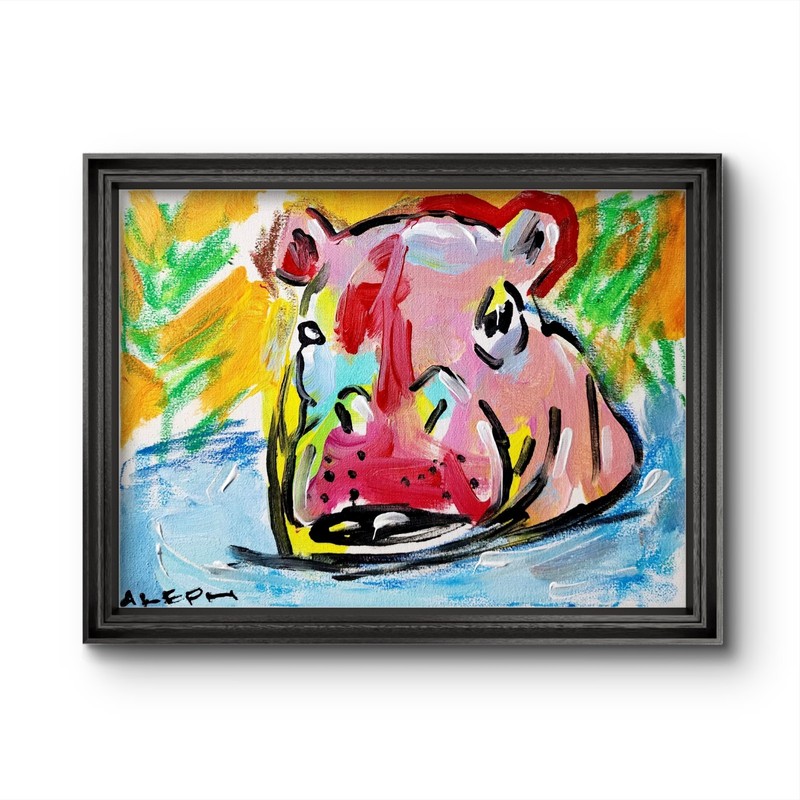 Original Hippo Painting Abstract Expressionist Canvas 9×12 Hippopotamus Wall Art