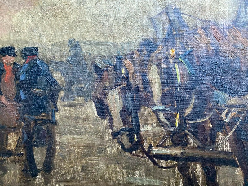 Frans Finally *1880 -1965 °Oil Painting Horse Team at the Beach Signed Frame gallery