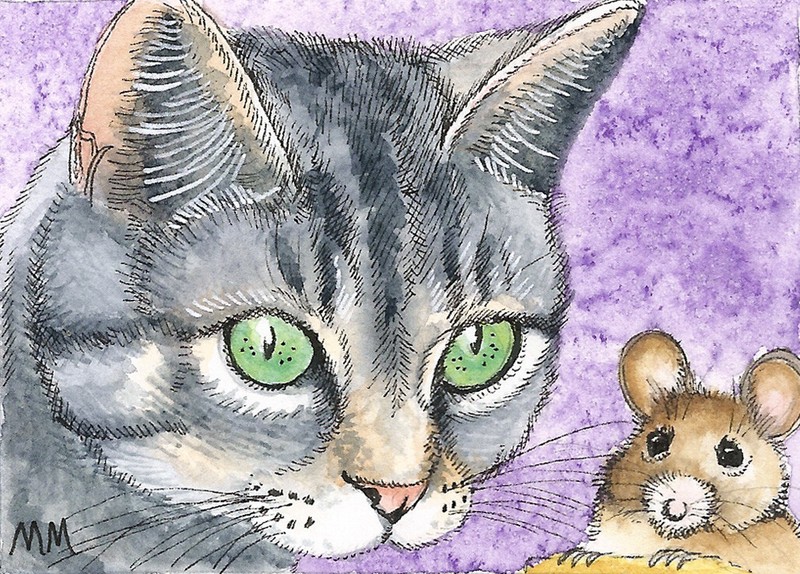 ACEO Limited Edition – Grey Cat with Mouse print of Original watercolor