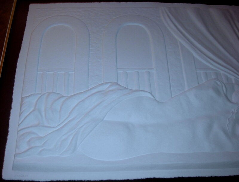 Limited Paper Cast Artwork of Nude Women In Bed on Large Encased Frame - Signed gallery