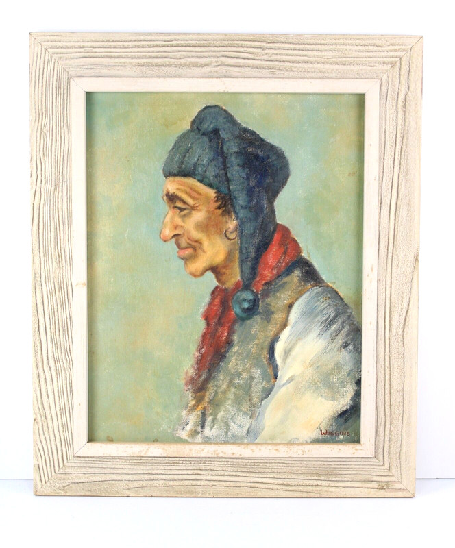 Vintage Elderly Man In Blue Hat Oil Painting Signed Wiggins