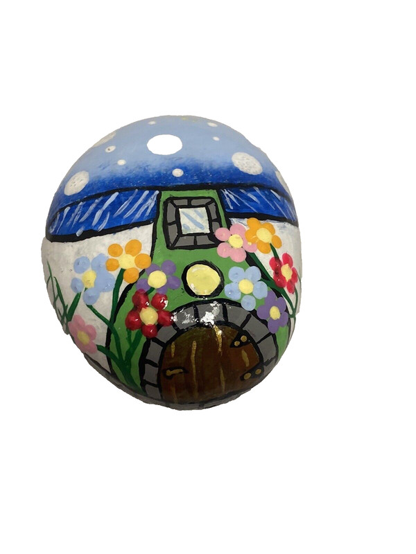 HAND PAINTED ROCK mushroom house fairy garden whimsical fantasy nature woodland