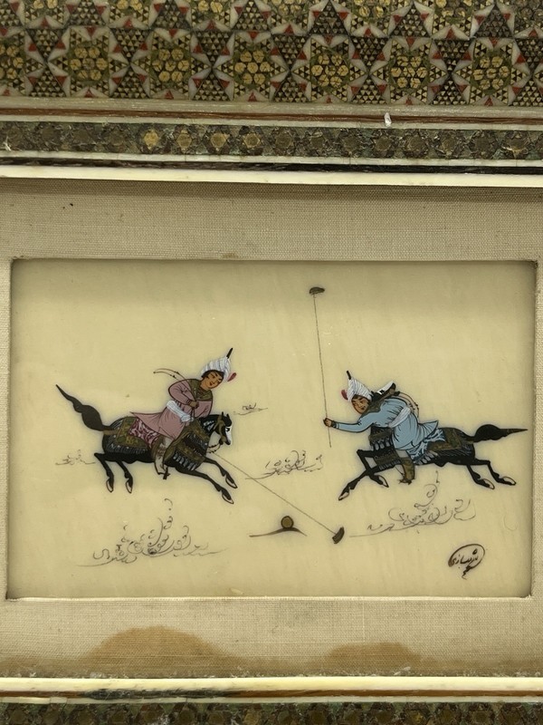 Persian Miniature Khatam Camel Bone Polo Painting Signed Framed Hand Painted gallery