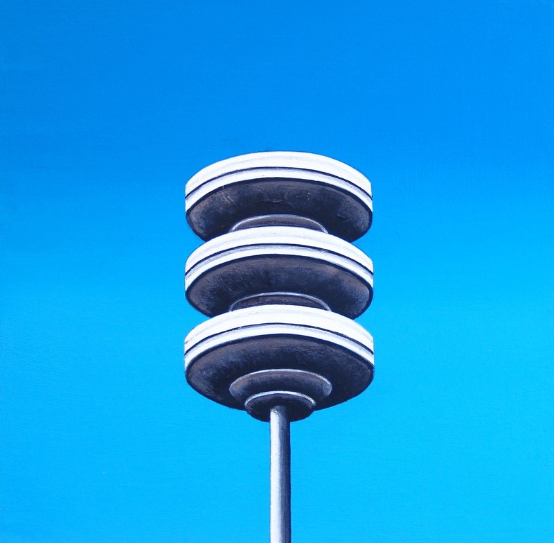 Luchtalarm ±12×12″ still life painting of air raid siren blue sky G Boersma