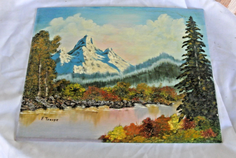 Vintage 1985 Mountain Lake Landscape Oil Painting On Canvas Signed 18″ x 14″