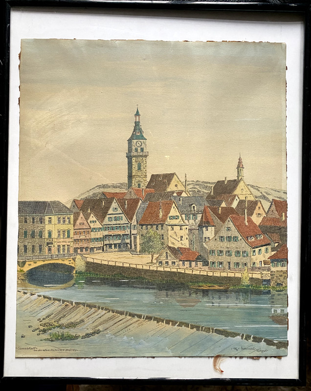 ::WATERCOLORED PEN DRAWING STUTTGART BAD-CANNSTATT NECKAR ANTIQUE SIGNED