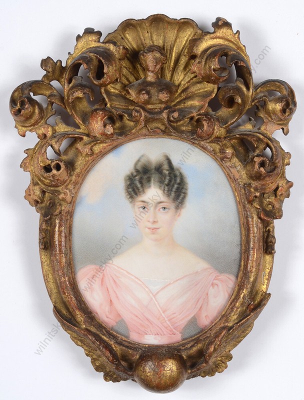Carl Friedrich Christian Roth «Lady in rose gown», fine large miniature, 1830s