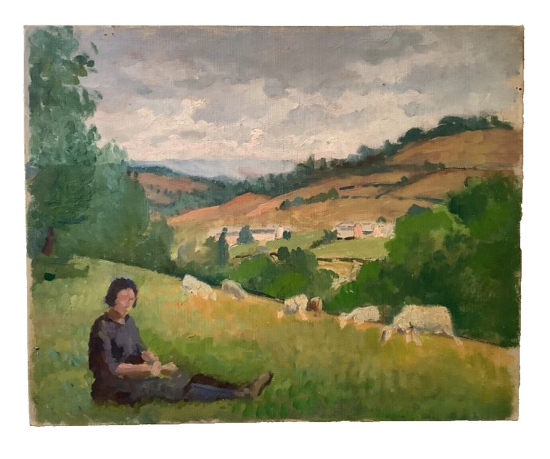 19th century Impressionism Woman Landscape Cows French Oil Antique Painting