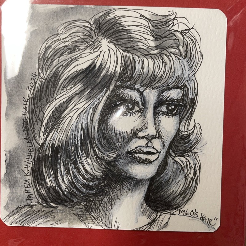 4”x4” Original Pamela Wilhelm Ink & Gouache 1960s Big Hair Mounted To 5×5” Red