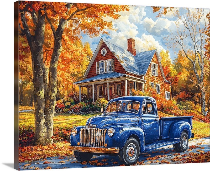 Autumn In New York Old Home Truck & Trees Leaves Giclee Art Canvas Wrap or Print