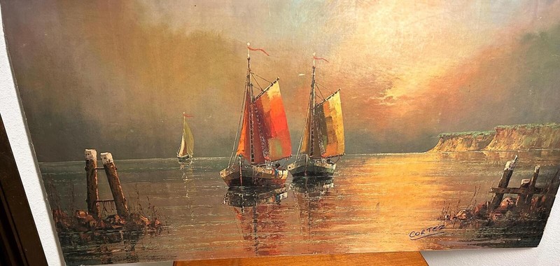 Large MCM Print of Watercolor of Sailboats at Sunset signed Cortez.