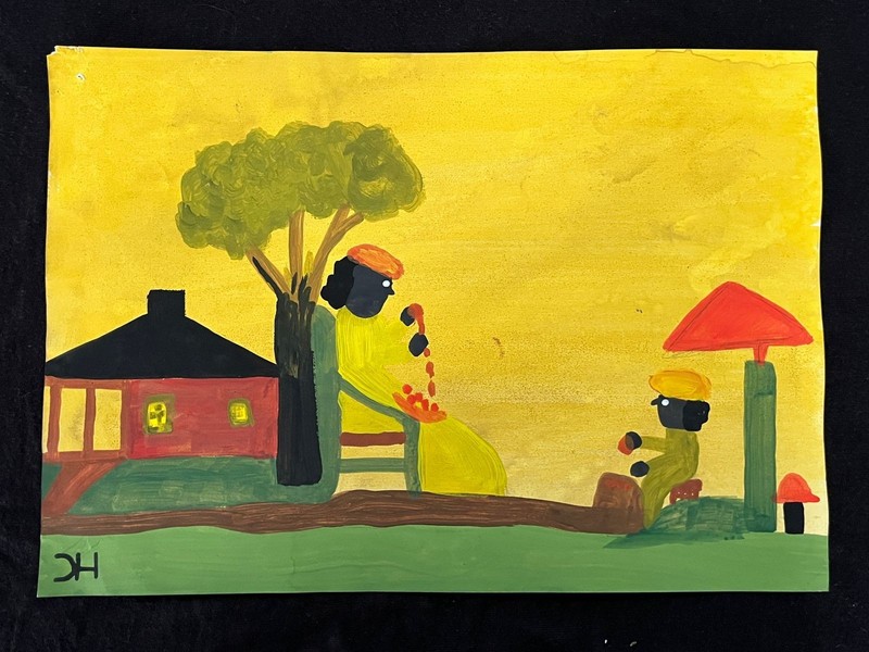 CLEMENTINE HUNTER drawing and painting on old paper signed stamped vintage
